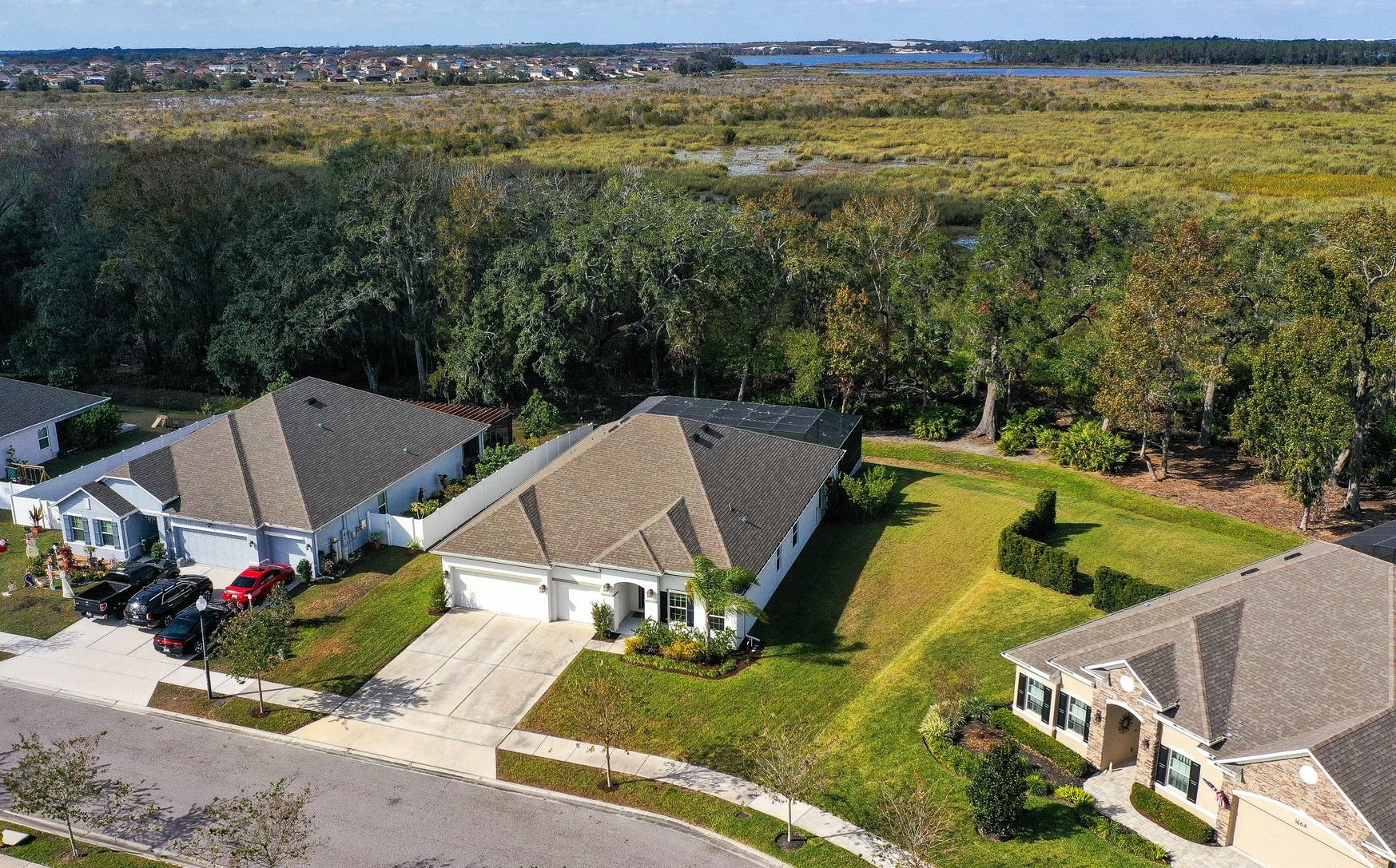 drone shot of roof looking over top of home
